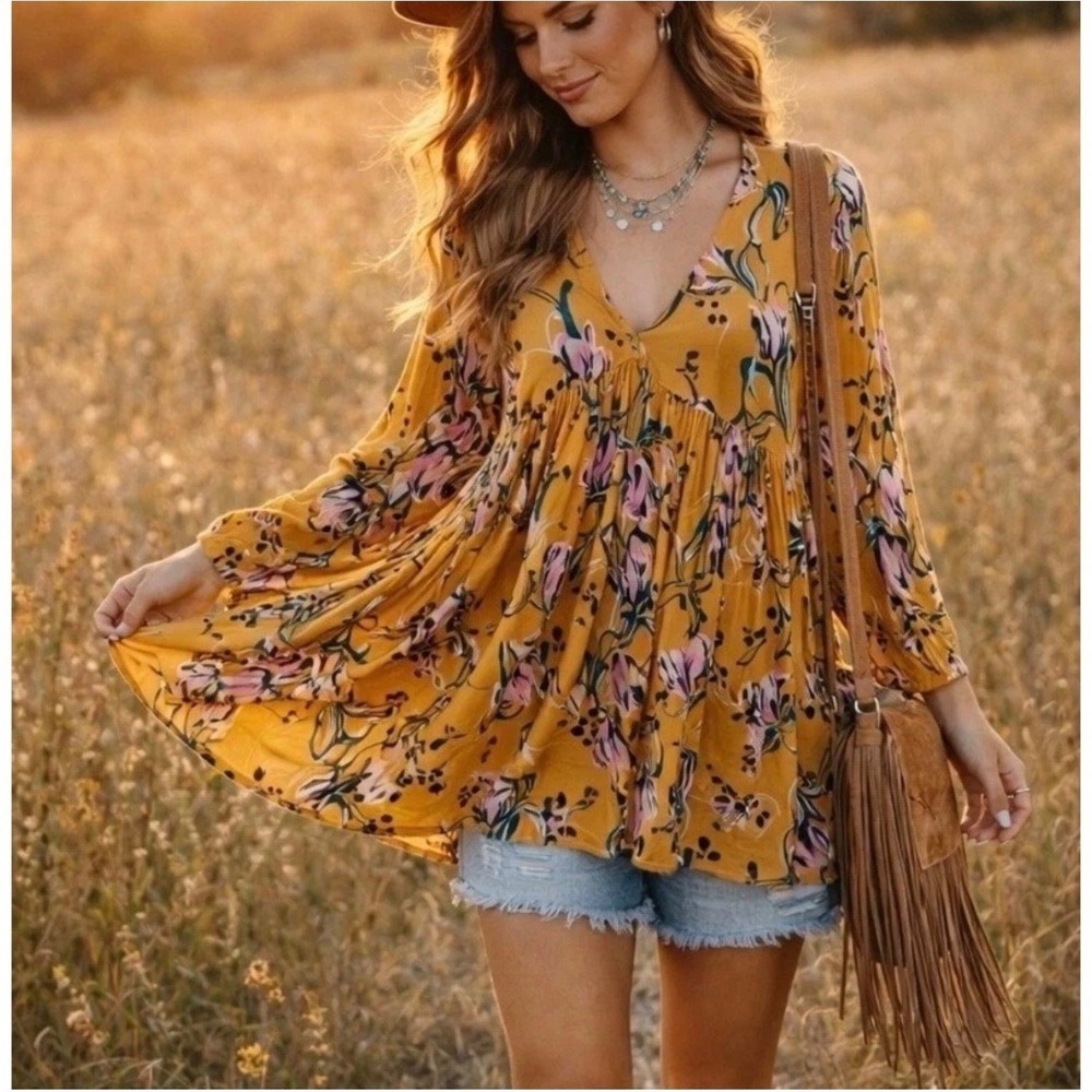 Free People Bella Yellow Floral Print Babydoll V-Neck Tunic Flared Sleeve Top XS
